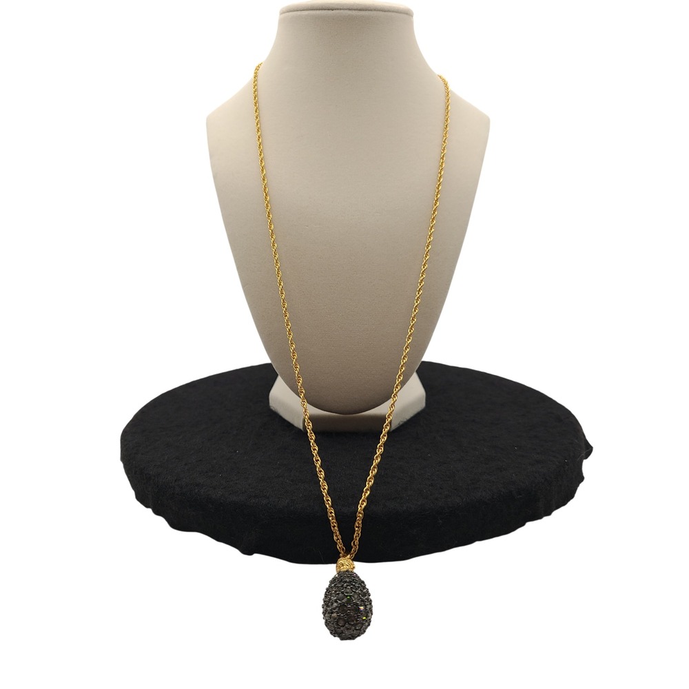 Vtg Joan Rivers Black Caviar Crystal Egg Pendant Necklace Gold Tone Rope Chain